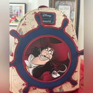 Loungefly Red, Blue, Cream Captain Hook Pattern Mini Backpack